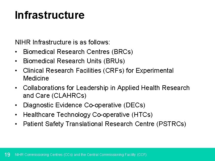 Infrastructure NIHR Infrastructure is as follows: • Biomedical Research Centres (BRCs) • Biomedical Research