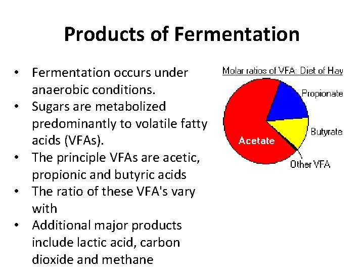 Products of Fermentation • Fermentation occurs under anaerobic conditions. • Sugars are metabolized predominantly