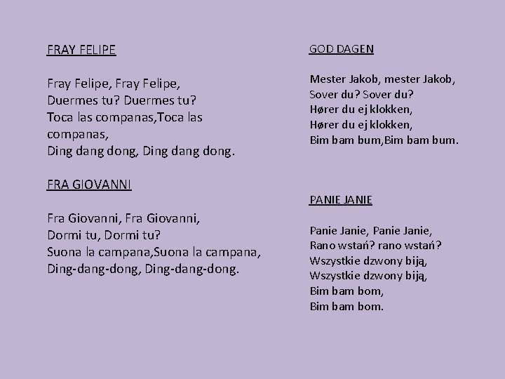FRAY FELIPE Fray Felipe, Duermes tu? Toca las companas, Ding dang dong, Ding dang