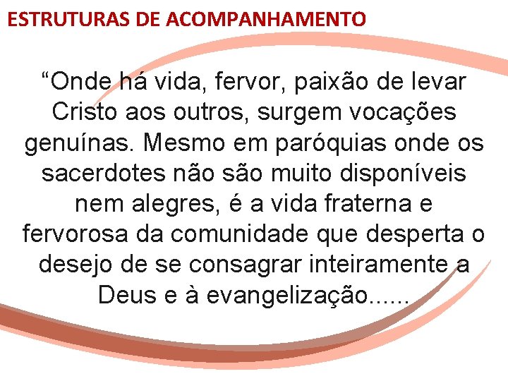 ESTRUTURAS DE ACOMPANHAMENTO “Onde há vida, fervor, paixão de levar Cristo aos outros, surgem