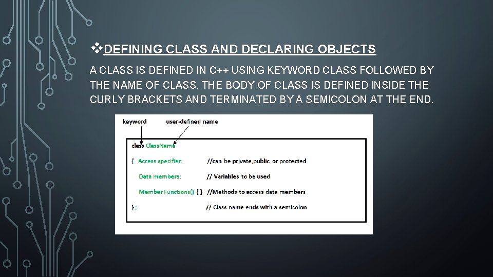 v. DEFINING CLASS AND DECLARING OBJECTS A CLASS IS DEFINED IN C++ USING KEYWORD