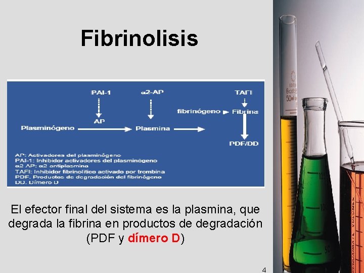 Fibrinolisis El efector final del sistema es la plasmina, que degrada la fibrina en