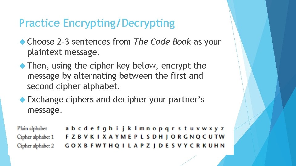 Practice Encrypting/Decrypting Choose 2 -3 sentences from The Code Book as your plaintext message.