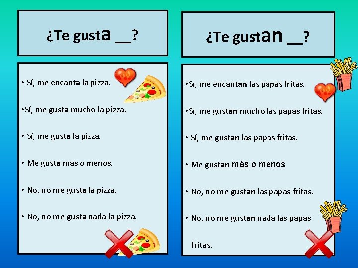 ¿Te gusta __? ¿Te gustan __? • Sí, me encanta la pizza. • Sí,