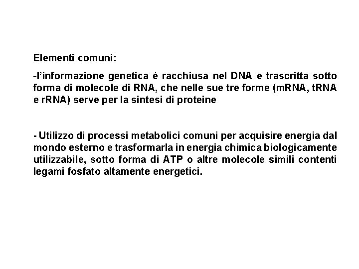 Elementi comuni: -l’informazione genetica è racchiusa nel DNA e trascritta sotto forma di molecole