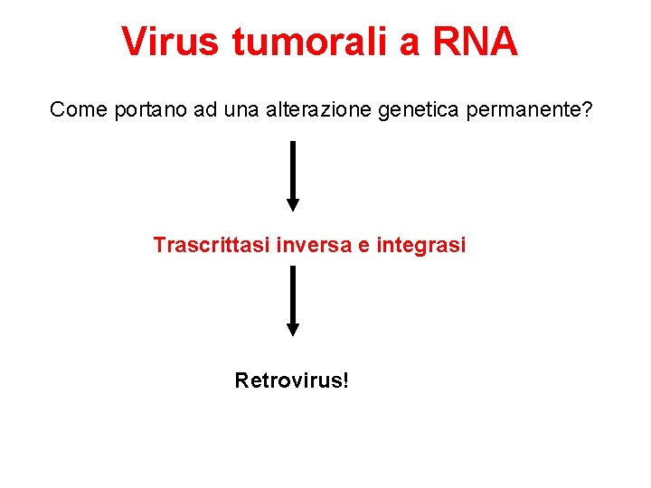 Virus tumorali a RNA Come portano ad una alterazione genetica permanente? Trascrittasi inversa e