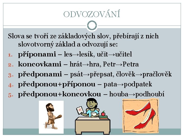 ODVOZOVÁNÍ Slova se tvoří ze základových slov, přebírají z nich slovotvorný základ a odvozují ODVOZOVÁNÍ Slova se tvoří ze základových slov, přebírají z nich slovotvorný základ a odvozují