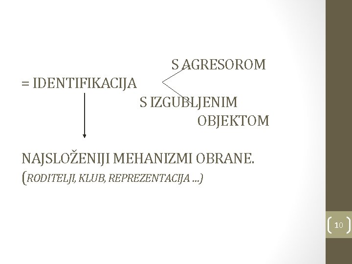 S AGRESOROM = IDENTIFIKACIJA S IZGUBLJENIM OBJEKTOM NAJSLOŽENIJI MEHANIZMI OBRANE. (RODITELJI, KLUB, REPREZENTACIJA …)