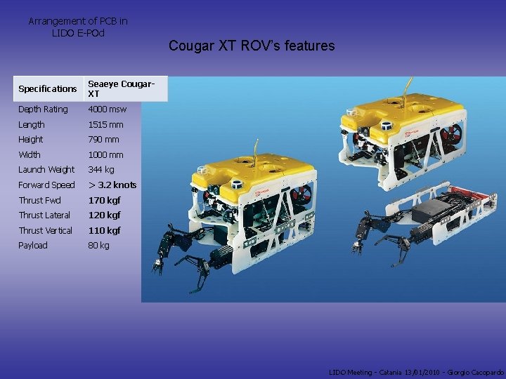 Arrangement of PCB in LIDO E-POd Specifications Seaeye Cougar. XT Depth Rating 4000 msw
