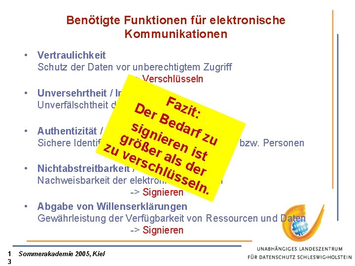 Benötigte Funktionen für elektronische Kommunikationen • Vertraulichkeit Schutz der Daten vor unberechtigtem Zugriff ->