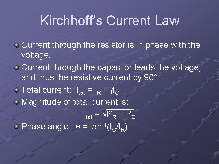 Kirchhoff’s Current Law Current through the resistor is in phase with the voltage. Current