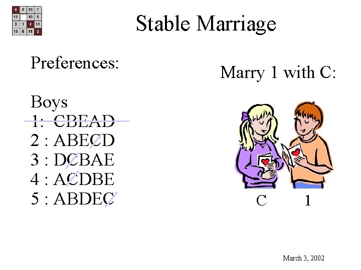 Stable Marriage Preferences: Boys 1: CBEAD 2 : ABECD 3 : DCBAE 4 : Stable Marriage Preferences: Boys 1: CBEAD 2 : ABECD 3 : DCBAE 4 :