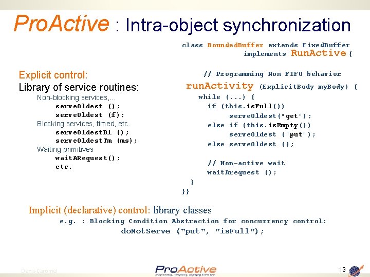 Pro. Active : Intra-object synchronization class Bounded. Buffer extends Fixed. Buffer implements Run. Active
