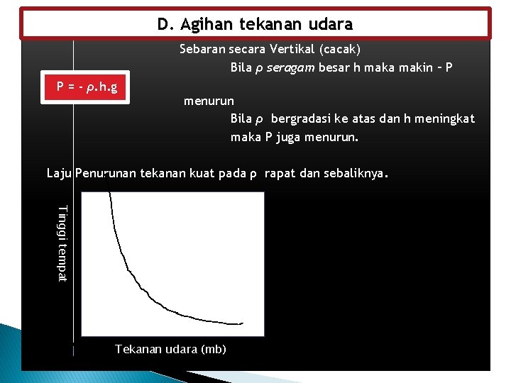 D. Agihan tekanan udara Sebaran secara Vertikal (cacak) Bila ρ seragam besar h maka