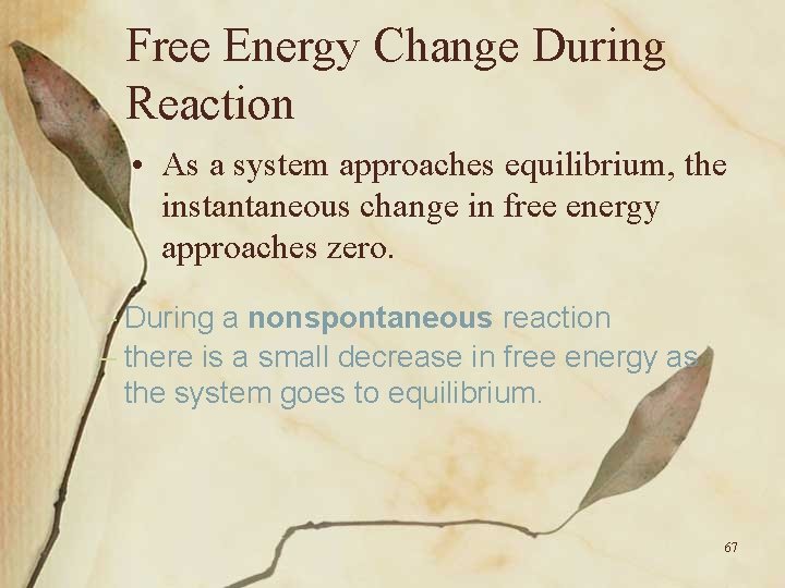 Free Energy Change During Reaction • As a system approaches equilibrium, the instantaneous change