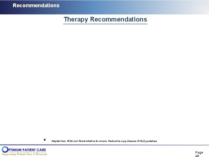 Recommendations Therapy Recommendations Adapted from NICE and Global initiative for chronic Obstructive Lung Disease