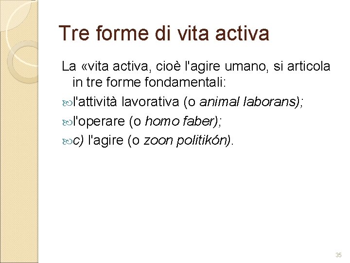 Tre forme di vita activa La «vita activa, cioè l'agire umano, si articola in