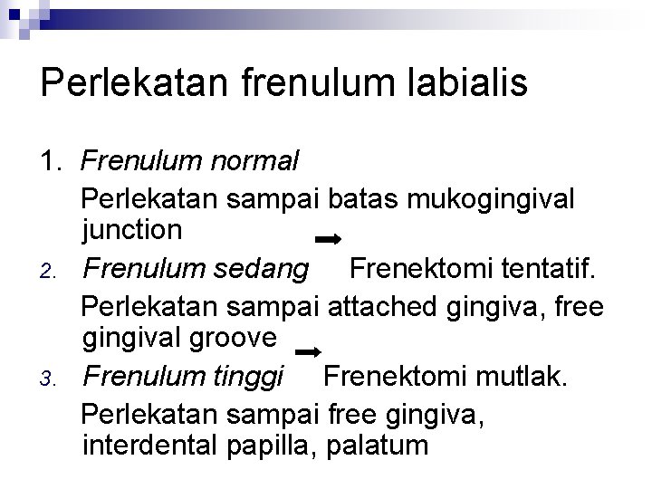 Perlekatan frenulum labialis 1. Frenulum normal Perlekatan sampai batas mukogingival junction 2. Frenulum sedang