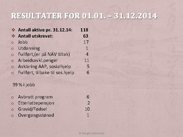 RESULTATER FOR 01. – 31. 12. 2014 v v o o o Antall aktive