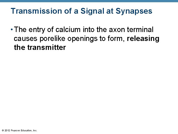 Transmission of a Signal at Synapses • The entry of calcium into the axon