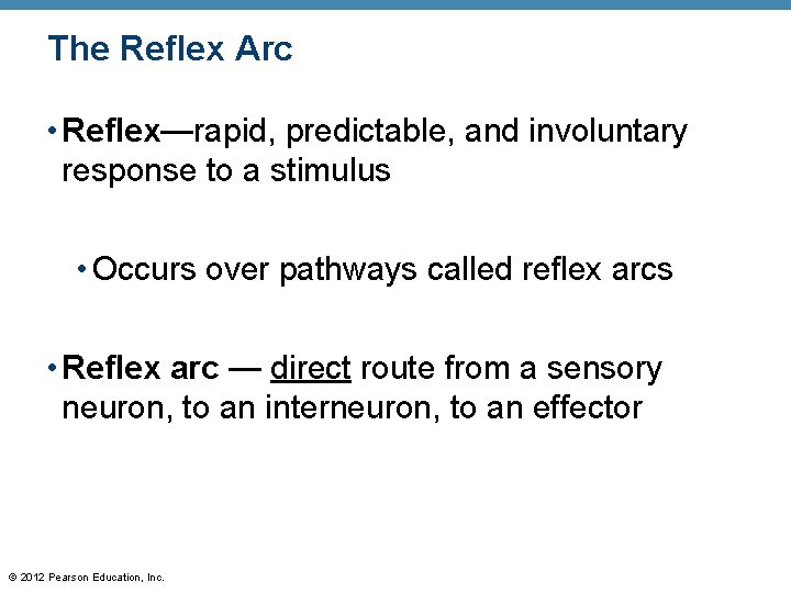 The Reflex Arc • Reflex—rapid, predictable, and involuntary response to a stimulus • Occurs
