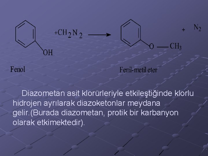  Diazometan asit klorürleriyle etkileştiğinde klorlu hidrojen ayrılarak diazoketonlar meydana gelir. (Burada diazometan, protik