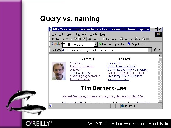 Query vs. naming Will P 2 P Unravel the Web? – Noah Mendelsohn 