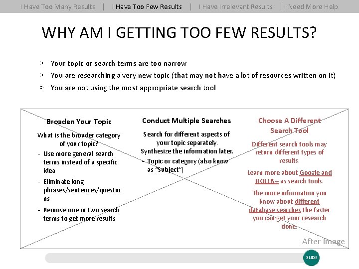 I Have Too Many Results | I Have Too Few Results | I Have