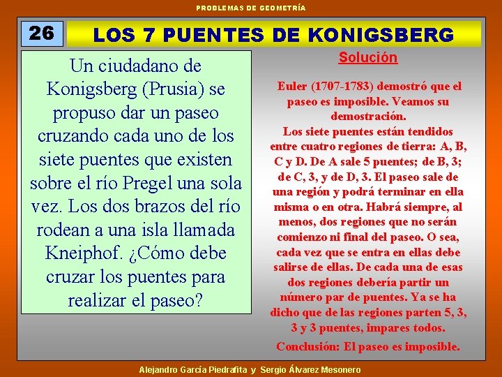 PROBLEMAS DE GEOMETRÍA 26 LOS 7 PUENTES DE KONIGSBERG Un ciudadano de Konigsberg (Prusia)