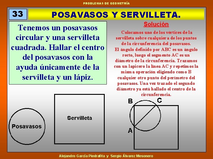 PROBLEMAS DE GEOMETRÍA 33 POSAVASOS Y SERVILLETA. Tenemos un posavasos circular y una servilleta