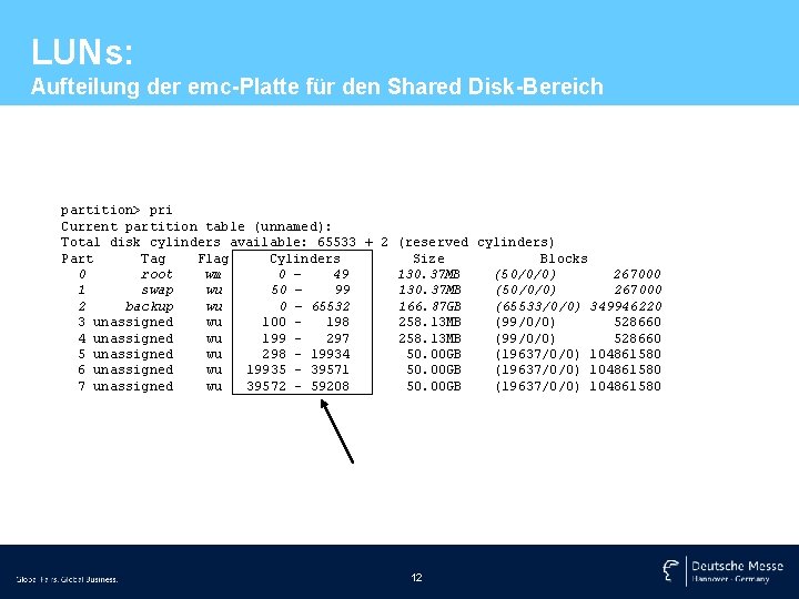 LUNs: Aufteilung der emc-Platte für den Shared Disk-Bereich partition> pri Current partition table (unnamed):