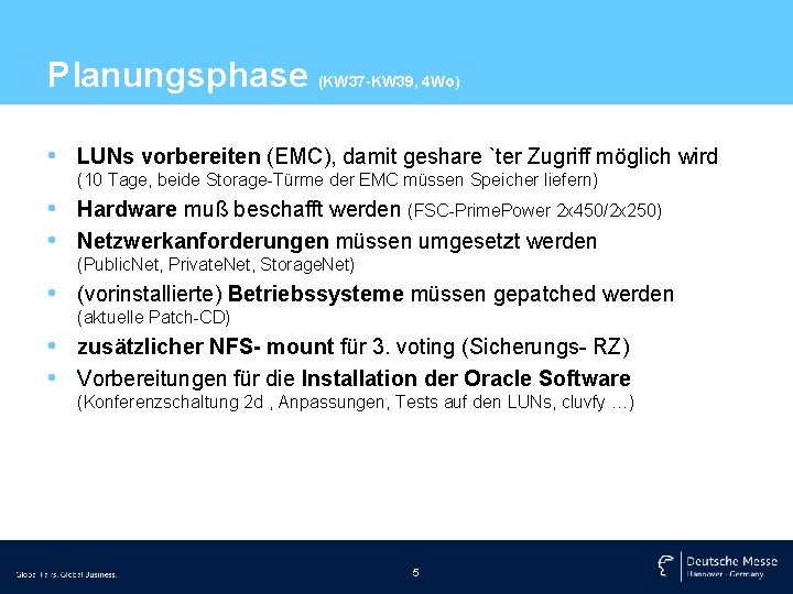 Planungsphase (KW 37 -KW 39, 4 Wo) • LUNs vorbereiten (EMC), damit geshare `ter