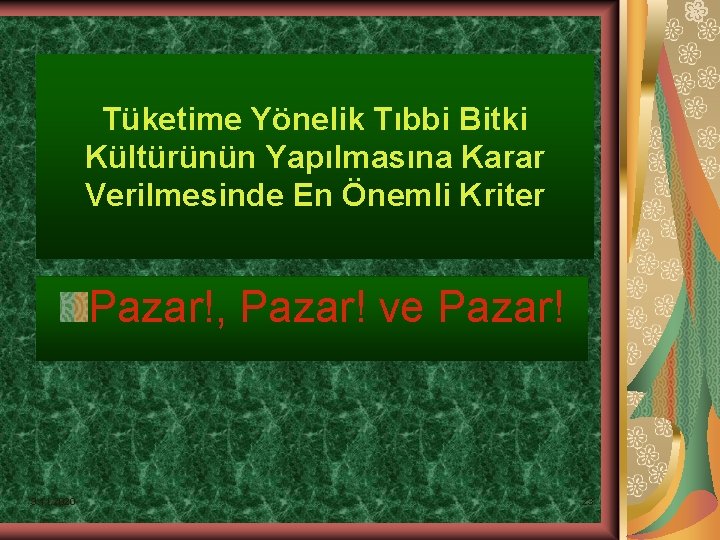 Tüketime Yönelik Tıbbi Bitki Kültürünün Yapılmasına Karar Verilmesinde En Önemli Kriter Pazar!, Pazar! ve