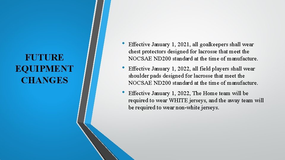 FUTURE EQUIPMENT CHANGES • Effective January 1, 2021, all goalkeepers shall wear chest protectors