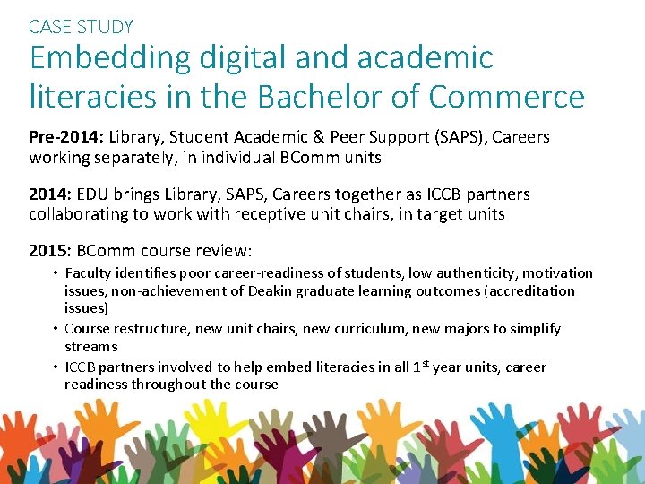 CASE STUDY Embedding digital and academic literacies in the Bachelor of Commerce Pre-2014: Library,