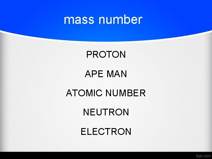 mass number PROTON APE MAN ATOMIC NUMBER NEUTRON ELECTRON 