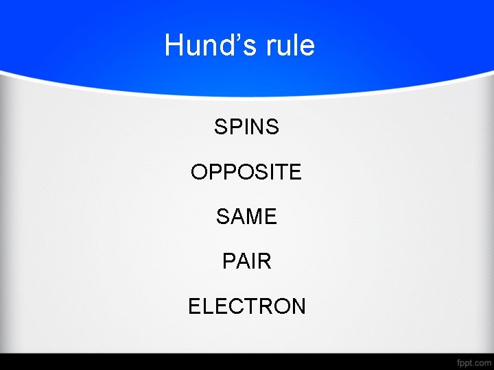 Hund’s rule SPINS OPPOSITE SAME PAIR ELECTRON 