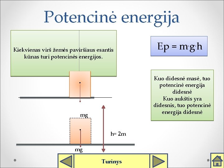 Potencinė energija Kiekvienas virš žemės paviršiaus esantis kūnas turi potencinės energijos. . Kuo didesnė