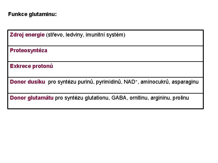 Funkce glutaminu: Zdroj energie (střevo, ledviny, imunitní systém) Proteosyntéza Exkrece protonů Donor dusíku pro