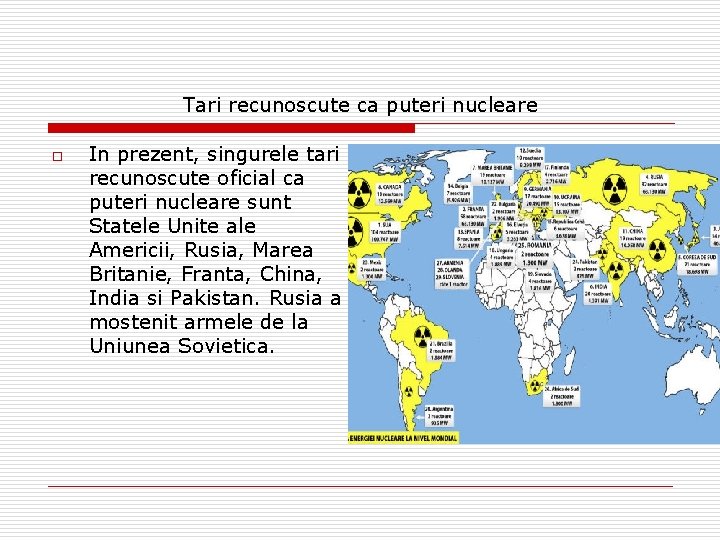 Tari recunoscute ca puteri nucleare o In prezent, singurele tari recunoscute oficial ca puteri