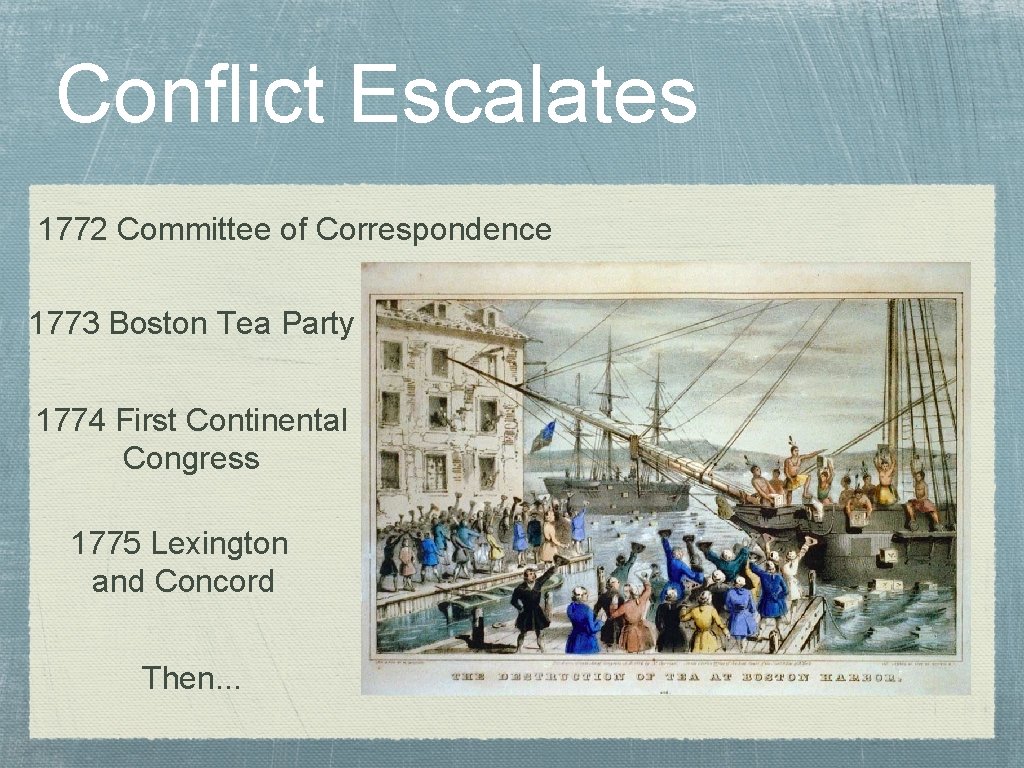 Conflict Escalates 1772 Committee of Correspondence 1773 Boston Tea Party 1774 First Continental Congress