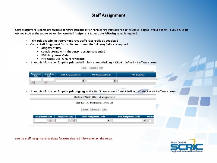 Staff Assignment Records are required for principals and other nonteaching Professionals (Pink Sheet People)