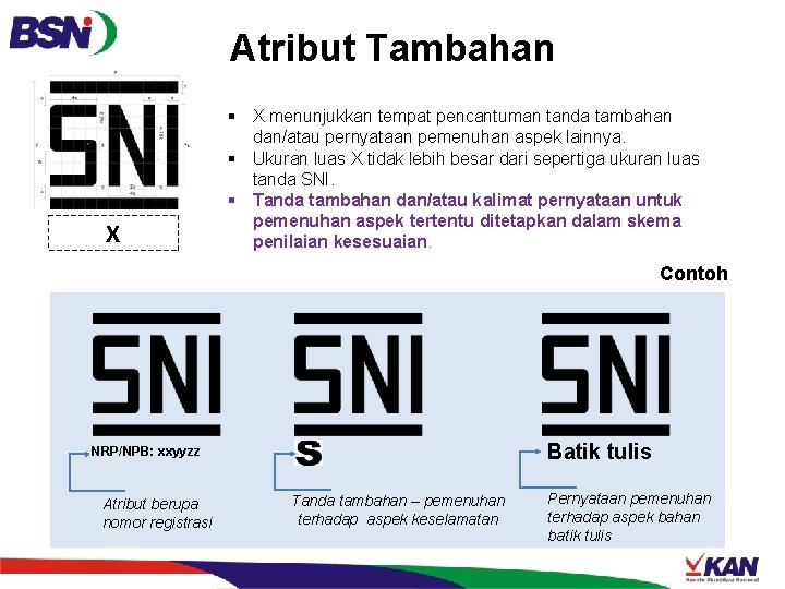 Atribut Tambahan X § X menunjukkan tempat pencantuman tanda tambahan dan/atau pernyataan pemenuhan aspek