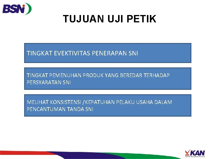 TUJUAN UJI PETIK TINGKAT EVEKTIVITAS PENERAPAN SNI TINGKAT PEMENUHAN PRODUK YANG BEREDAR TERHADAP PERSYARATAN