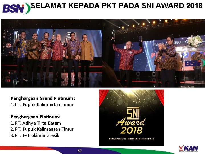 SELAMAT KEPADA PKT PADA SNI AWARD 2018 Penghargaan Grand Platinum : 1. PT. Pupuk