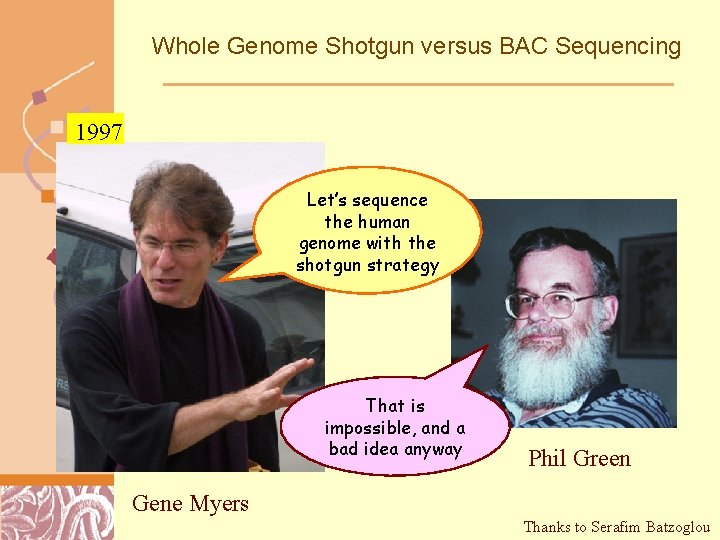 Whole Genome Shotgun versus BAC Sequencing 1997 Let’s sequence the human genome with the