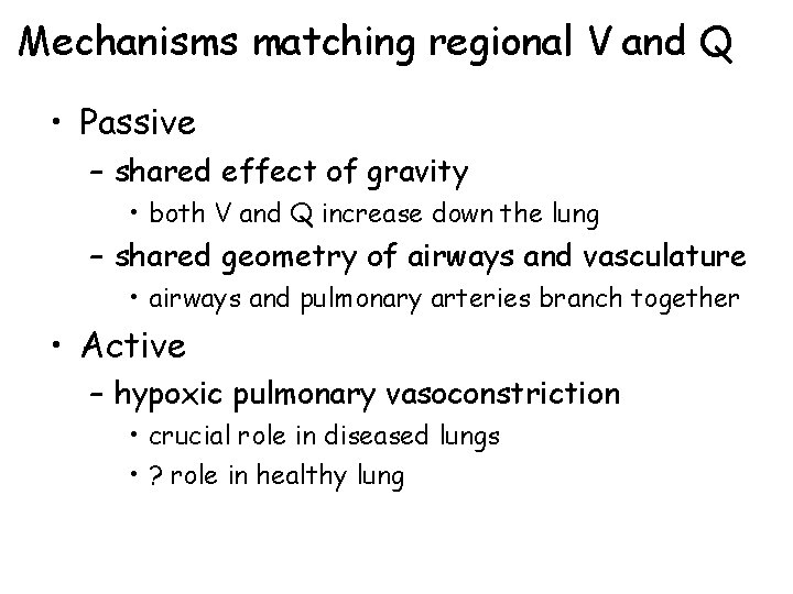 Mechanisms matching regional V and Q • Passive – shared effect of gravity •