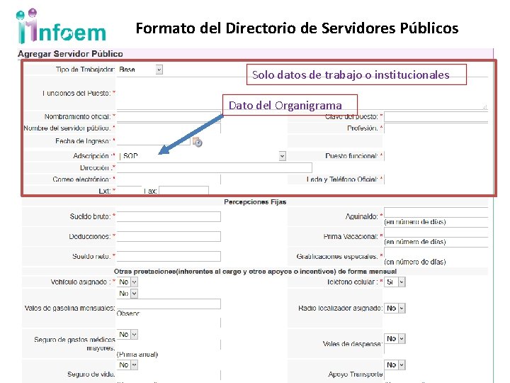 Formato del Directorio de Servidores Públicos Solo datos de trabajo o institucionales Dato del