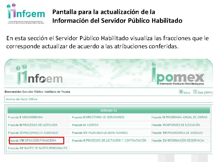 Pantalla para la actualización de la Información del Servidor Público Habilitado En esta sección