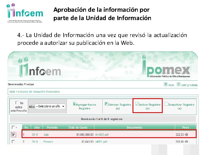 Aprobación de la información por parte de la Unidad de Información 4. - La